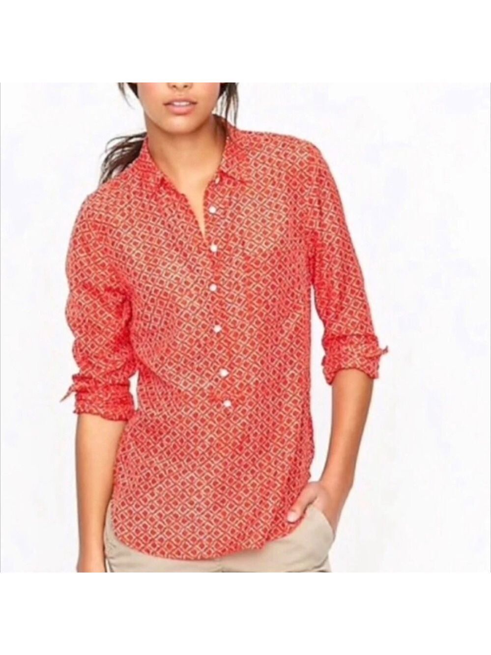 J.CREW Cerise Ikat Popover Silk Blend Blouse Top Orange White Size XL